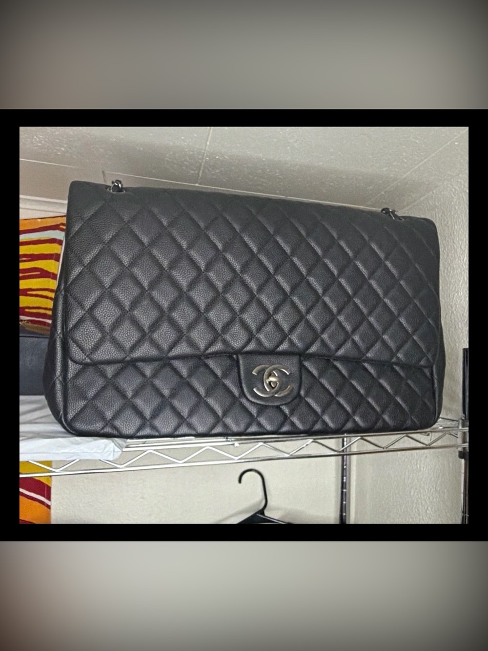CHANEL XXL Black Quilted Flap Shoulder Bag with Silver-Tone CC Lock